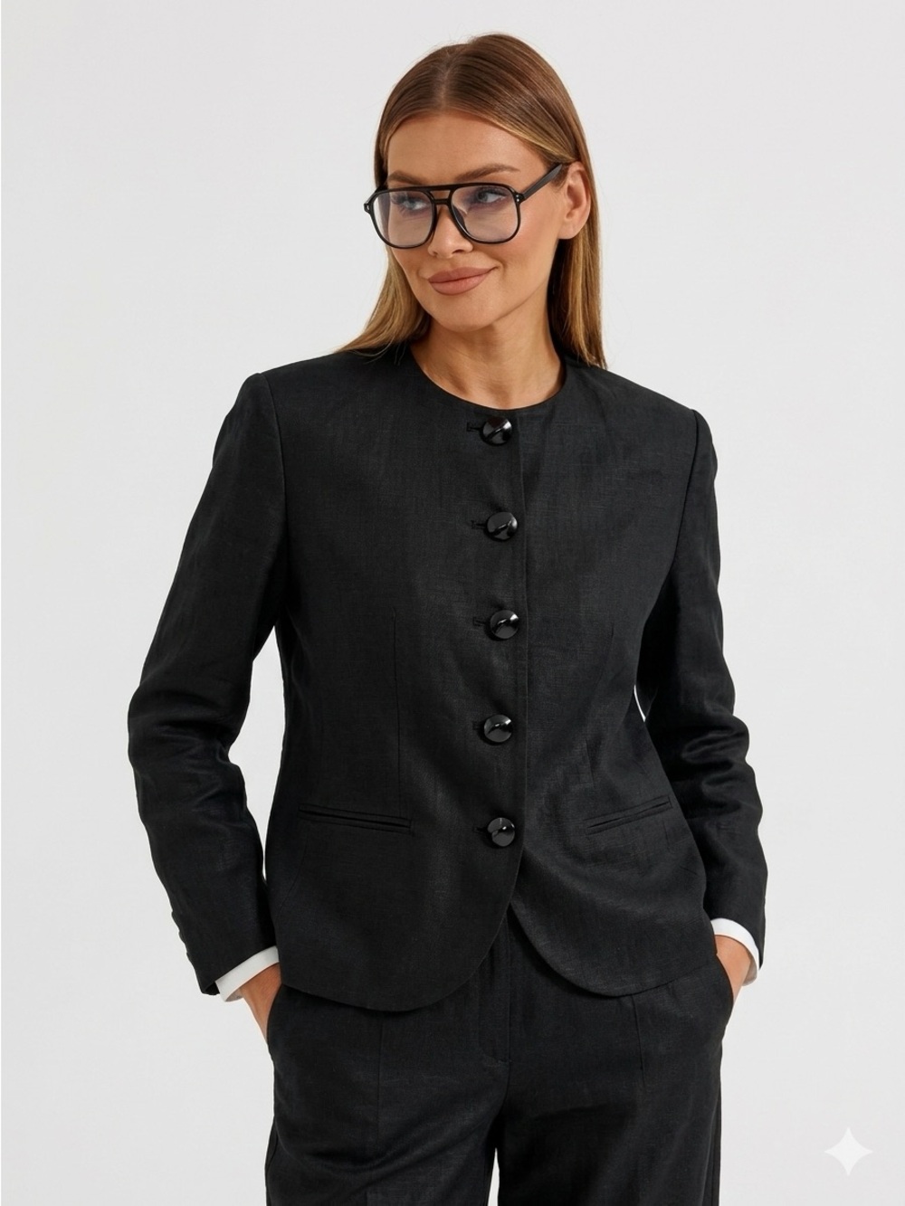 Dana Brooke Vintage Black 100% Linen Collarless Blazer Jacket Size 14 NWOT
